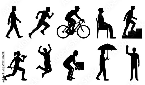 Human Activity Black Silhouette Icons Everyday People Vector Set