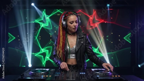 Female DJ Mixing Electronic Music at Colorful Nightclub Performance