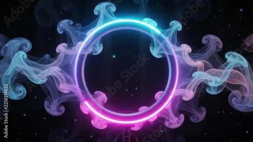 Glowing Neon Ring with Colorful Smoke on Dark Cosmic Background