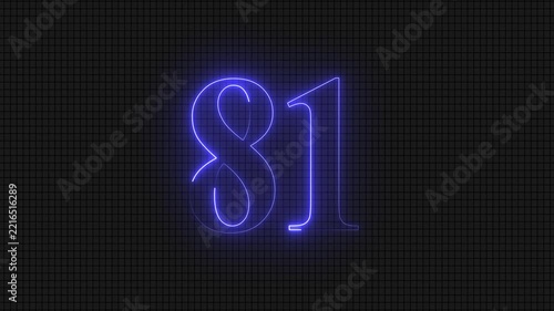 Glowing neon number eighty one on dark background