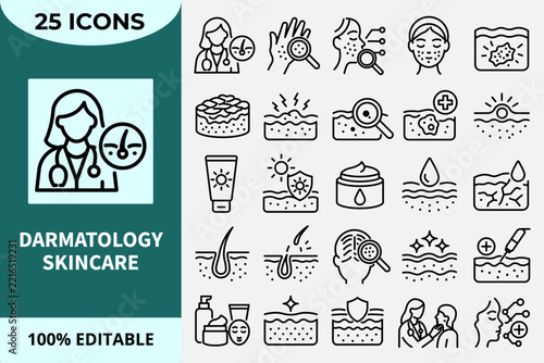 Dermatology and Skincare Icons for Skin Diagnosis, Acne Treatment, Hair Follicle Health and Facial Care
