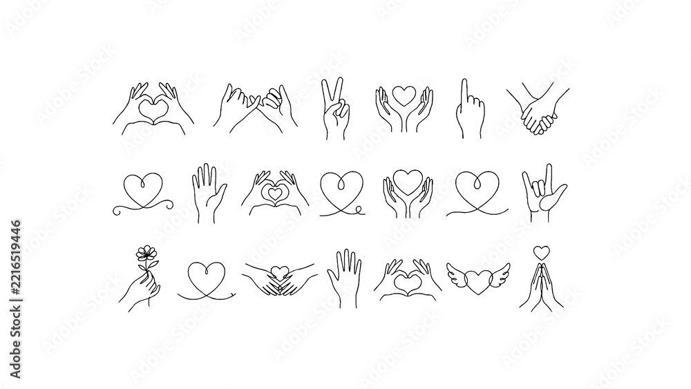 Fototapeta premium Hands and heart line art vector set of hand gestures and love symbols