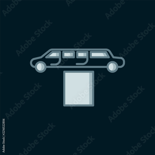 Line Luxury limousine car and carpet icon isolated on black background. For world premiere celebrities and guests poster. Flat filled outline style with shadow. Vector