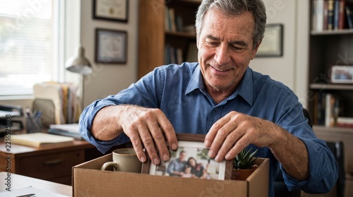 Man packing desk belongings retirement last day at office concept.