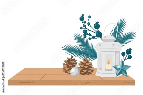 Flat Vector Christmas Decoration Set on a Wooden Surface Isolated on White Background