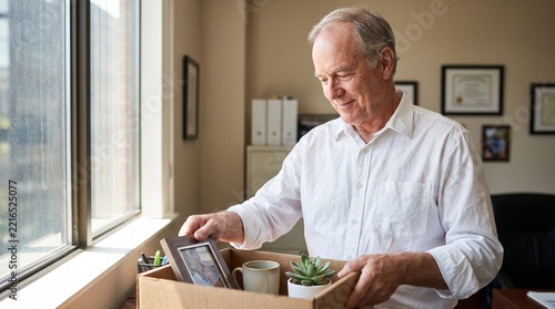 Man packing desk belongings retirement last day at office concept.
