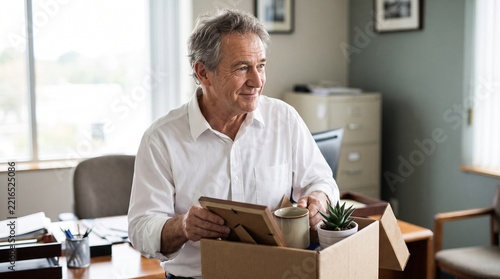 Man packing desk belongings retirement last day at office concept.