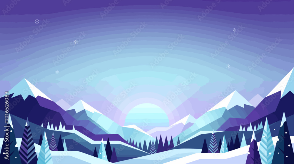 Fototapeta premium Stylized winter landscape with snow-capped mountains, pine trees, and a glowing sun in a serene valley at dawn or dusk.