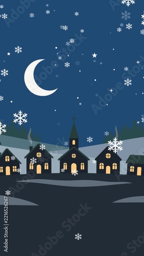Animated Christmas vector background with houses and trees in snow 4K video vertical