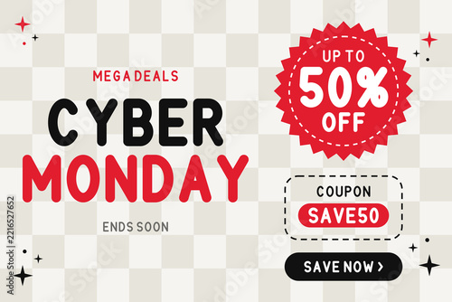 Cyber Monday sale banner vector template, megadeals promotion graphic, discount offer web banner