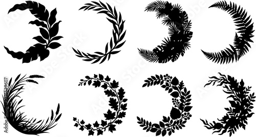 Set of crescent floral wreaths and botanical frames vector illustration