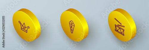 Set Isometric line Jester hat with bells, Ice cream in waffle and Drum drum sticks icon. Vector