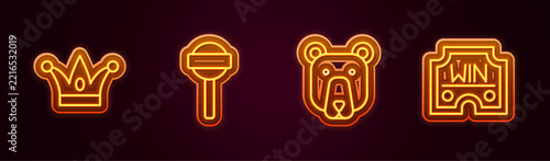 Set line Jester hat with bells, Lollipop, Bear head and Casino win. Glowing neon icon. Vector