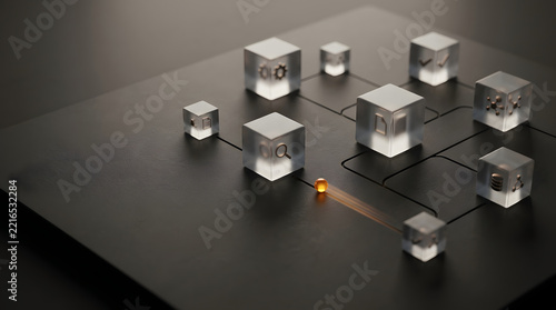 Abstract data connection concept with glowing light cubes on dark surface