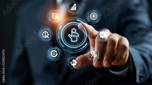 Confident businessman interacts with vibrant digital interface showcasing data, representing modern technology and strategic business concepts