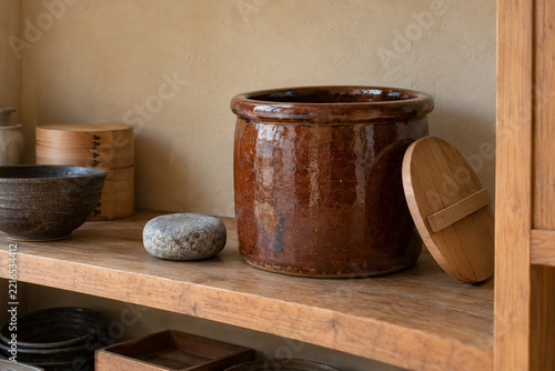 Stoneware pickling crock with a wooden lid in a Japanese kitchen