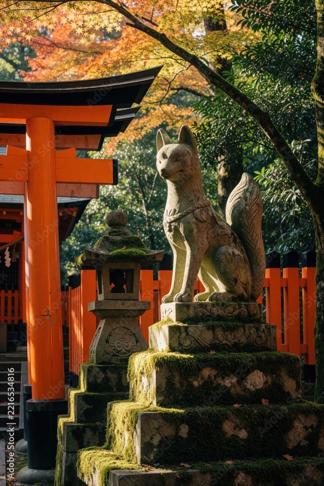 Fototapeta premium Stone fox statue sits on mossy pedestal at Japanese shrine. Traditional orange torii gate stands near ancient Buddhist temple in autumn forest. Red maple leaves, green trees surround historic