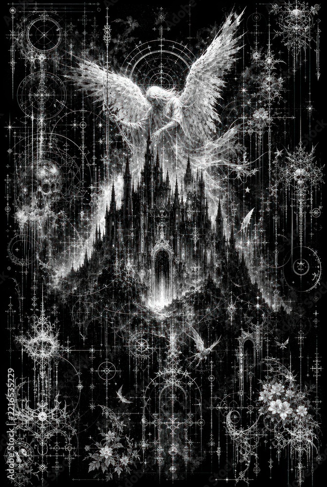 Fototapeta premium Dark fantasy angel above gothic castle with magical celestial symbols