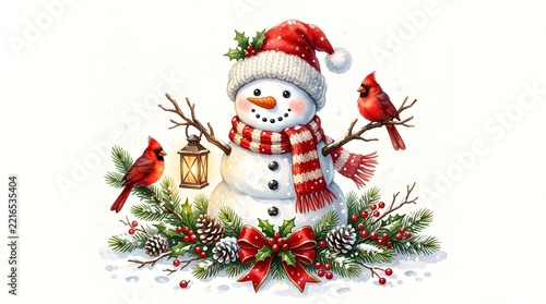 Charming watercolor illustration of a snowman with cardinals and winter foliage on white background