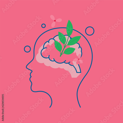 Mental Health and Brain Growth Vector Illustration - Conceptual Line Art Human Head Profile Silhouette with Blooming Green Plant Branch Growing from Brain on Pink Background