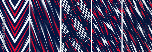 Sports jersey pattern vector background set. Featuring checkered flag, lightning bolt, chevron, halftone speed lines, and grunge brush designs in red, white and navy blue for team uniform.