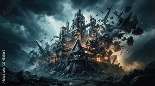 A dark, dystopian cityscape with shattered buildings and a dramatic sky.