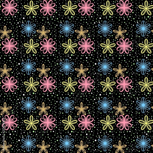 Colorful Floral Seamless Pattern with Doodle Flowers and Polka Dot Black Background