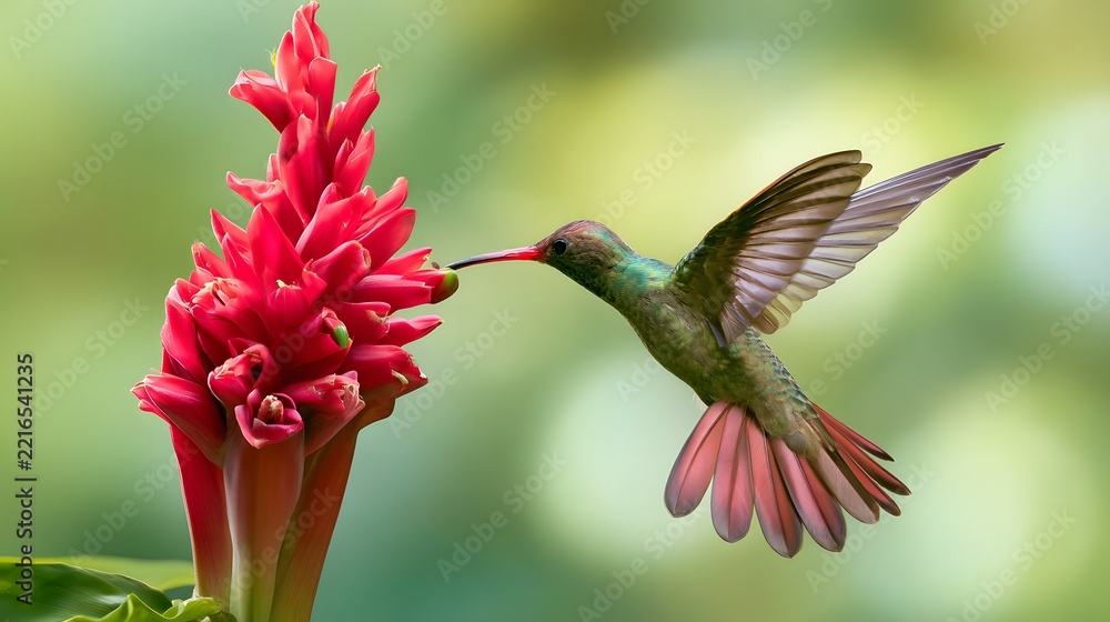 Fototapeta premium Hummingbird hovering in air sipping nectar from red flower