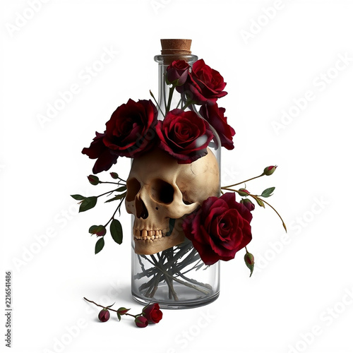 Human skull inside glass bottle with red roses dark academia