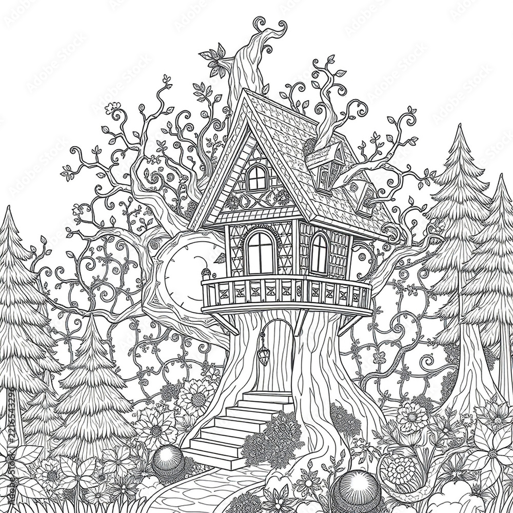 Fototapeta premium Intricate adult coloring book page of fantasy treehouse