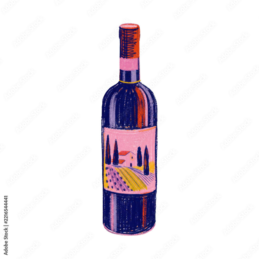 Fototapeta premium PNG Colorful wine bottle illustration with scenic label.