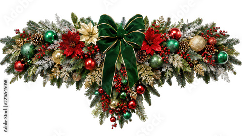 Elegant Christmas garland with green bow poinsettias ornaments pine branches berries frosted foliage isolated on white background