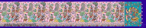 Fotografie Traditional Indian Folk Art Saree Design with Krishna Raas Leela Village Scene a