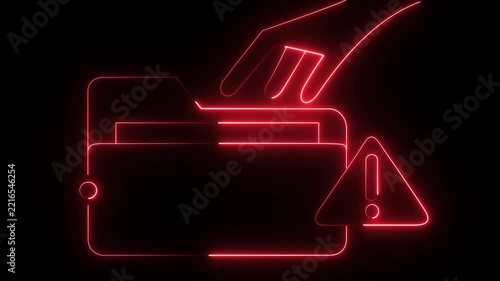 A glowing red neon-style illustration of a hand interacting with a card or payment/terminal device against a dark background, accompanied by a warning symbol.