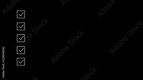 A minimalist dark-mode UI animation of white checkmarks filling a checklist alongside a play button icon.