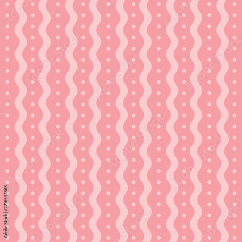 Seamless pastel pink vertical wavy striped and polka dot pattern background vector illustration. Abstract flat geometric repeating wavy lines design for retro baby shower and bakery packaging arts.