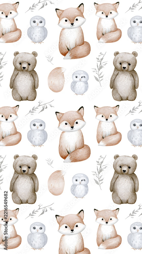 Fototapeta premium Hand drawn woodland animals pattern with fox bear and owl