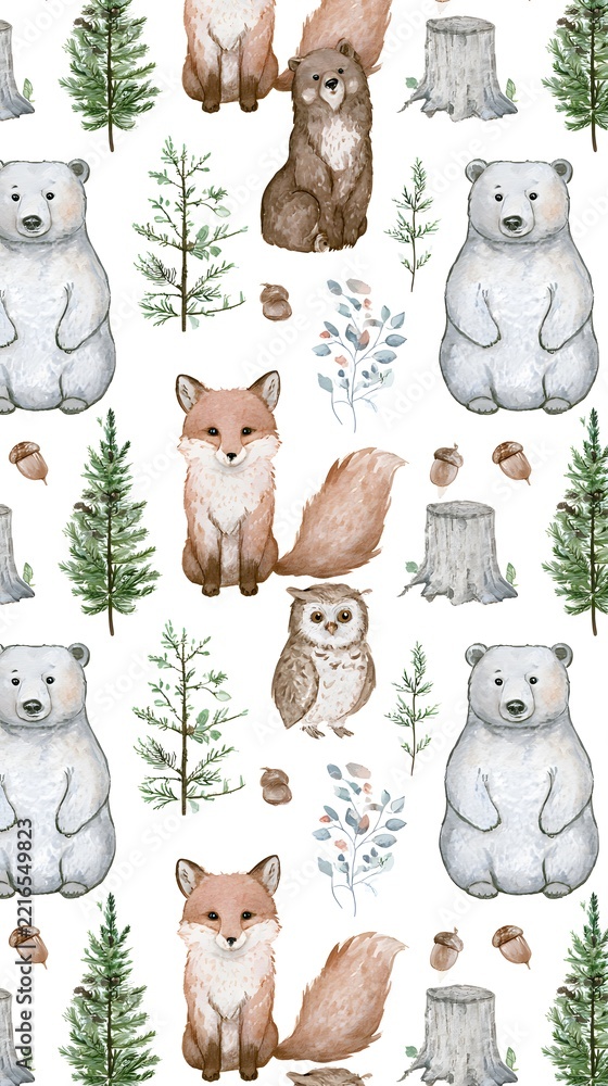 Fototapeta premium Woodland animals pattern with foxes bears and owls on white