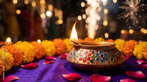 Ornate oil lamp with glowing flame during festival celebration with soft bokeh lights and flower petals