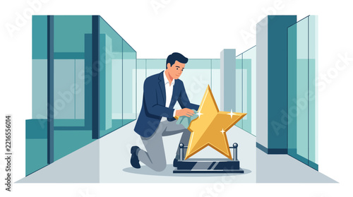 Successful businessman polishing large golden star award in modern office hallway flat vector illustration.