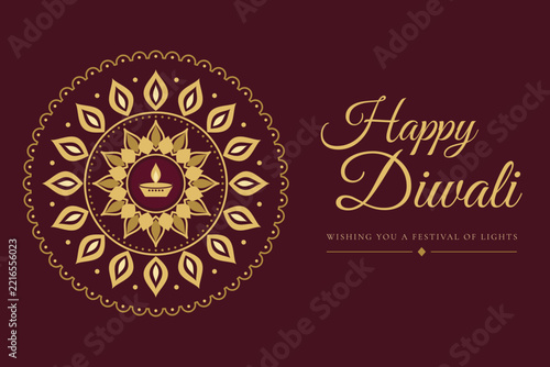 Happy Diwali Luxury Greeting Card with Gold Rangoli Mandala, Diya Oil Lamp and Elegant Script Lettering on Deep Wine Background, Festival of Lights