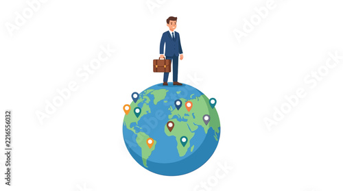 Successful businessman with briefcase standing on world globe with location pins flat design vector illustration.