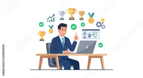 Successful businessman presenting in virtual meeting surrounded by achievement icons flat design vector illustration