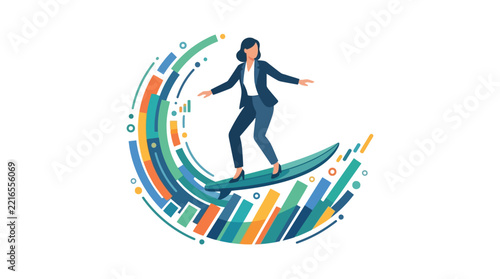 Successful businesswoman surfing on data chart waves for financial growth flat design vector illustration