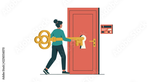 Successful woman holding giant golden key to unlock a red door representing new opportunities flat vector illustration.