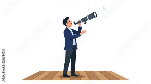 Visionary businessman looking through telescope at night sky searching for future opportunities flat vector illustration.