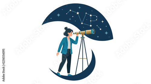 Visionary businesswoman looking through telescope at star constellations for future strategy flat vector illustration