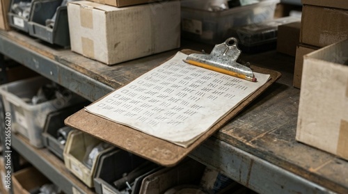 Clipboard holding stock count tally sheet on warehouse shelf, inventory management and stocktaking