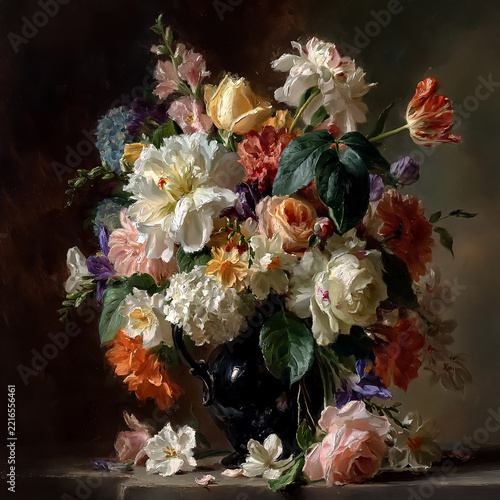Still life oil painting portraying a vibrant floral bouquet with various flowers arranged in a dark, classic vase, featuring a rich texture