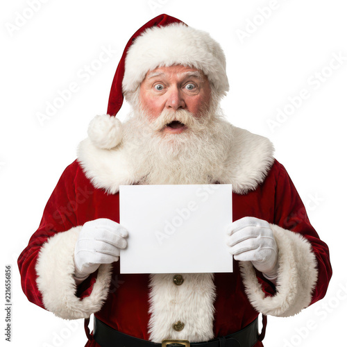 Surprised santa claus holding a blank sign isolated on transparent background